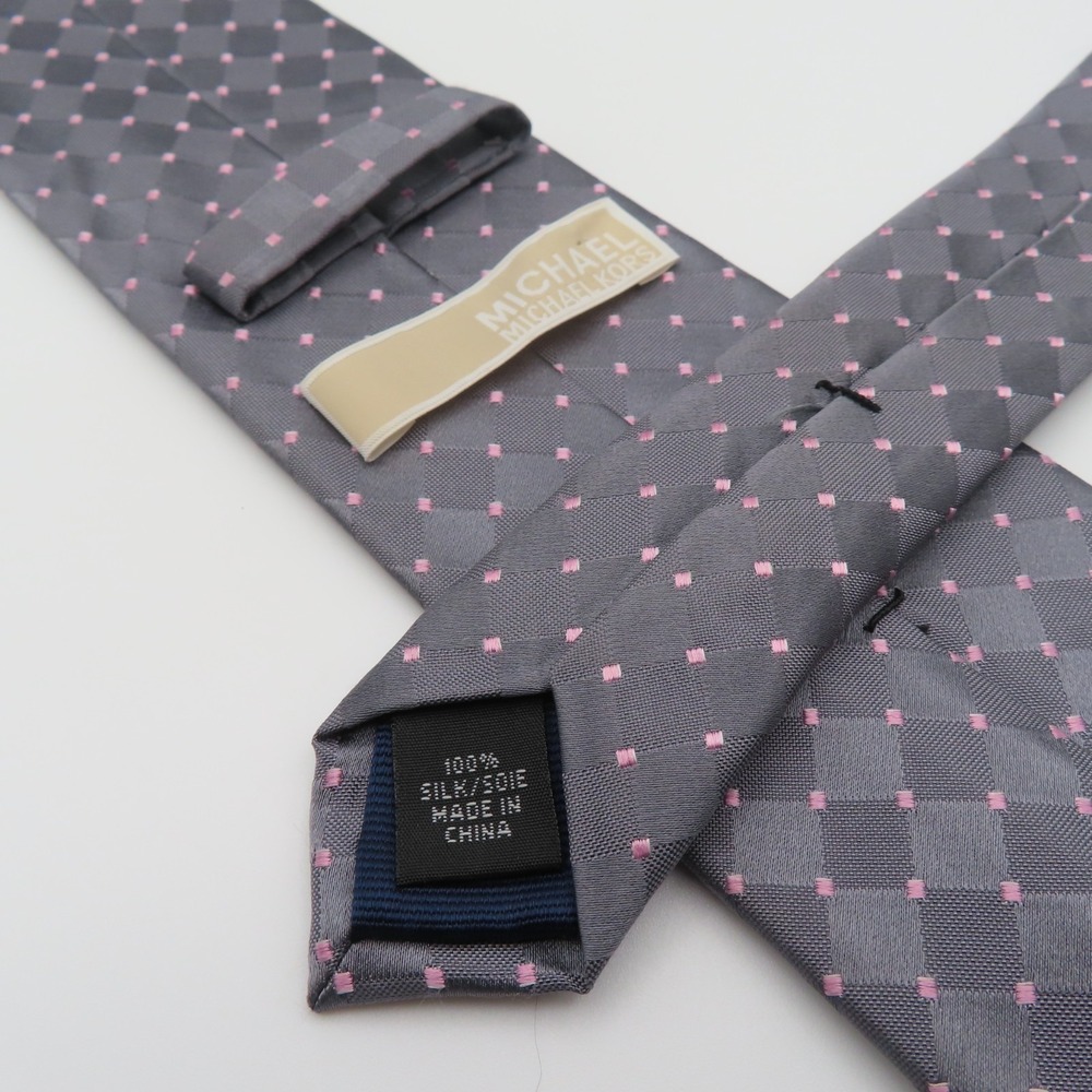 Michael Kors Tie Silk Gray Pink Polka Dot 3" Wide 57" Long Thin - Picture 6 of 7